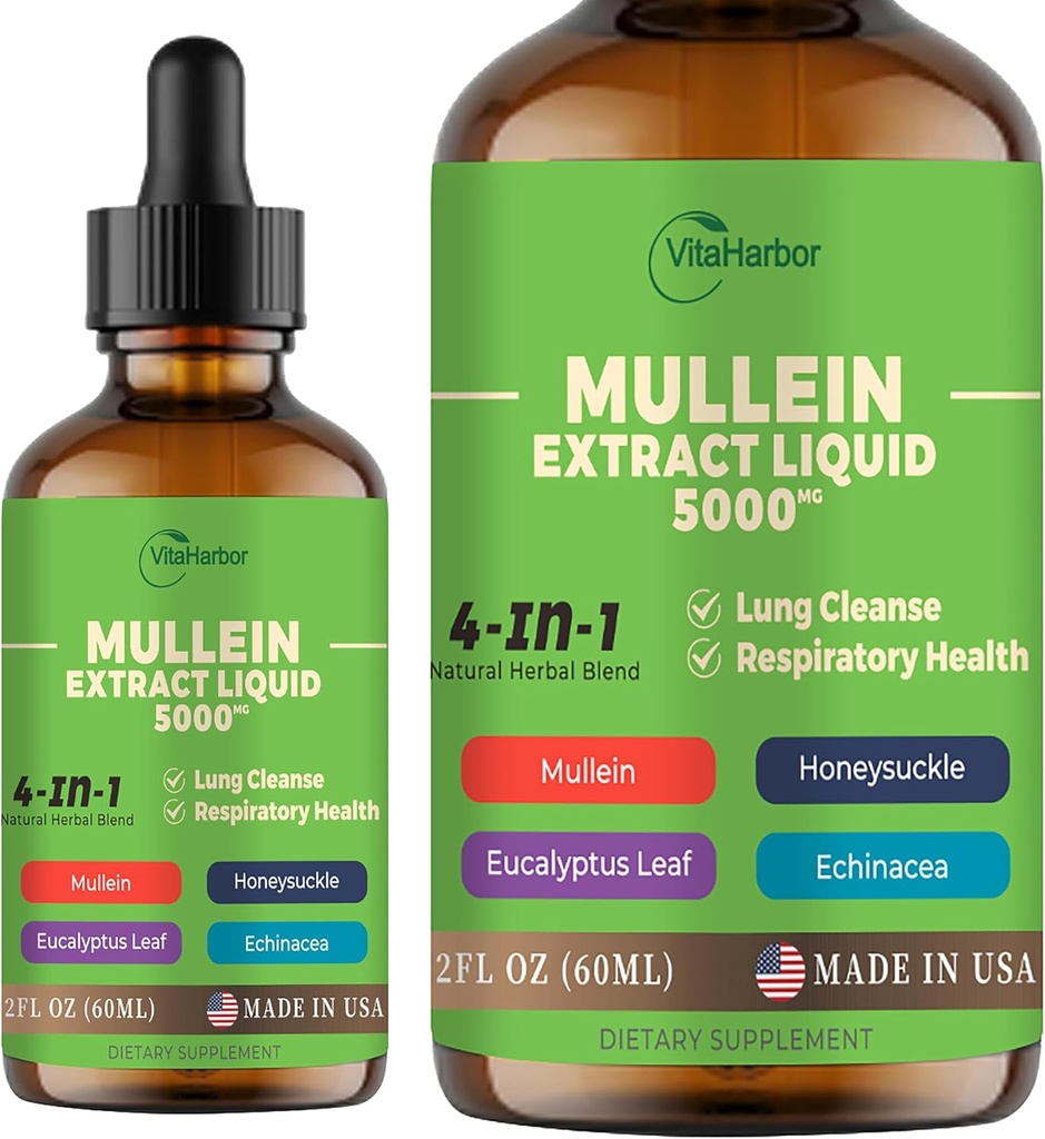 4-in-1 Mullein Tropfen für Lunge, Bio Mullein Leaf & Honeysuckle & Eucalyptus Leaf & Echinacea Extrakte, für Lung Cleanse, Immun & Respiratory Support, Sugar-Free | Non-GMO | Vegan, 2 Fl oz