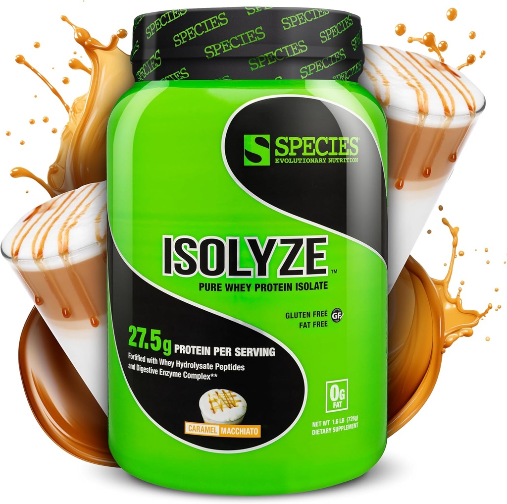 Spezies Nutrition Isolyze Whey Protein Powder, 100% Whey Isolate für Muskelaufbau, 27,5g Protein pro Scoop, kein Zucker & Low Fat (Caramel Macchiato, 22 Servierungen)