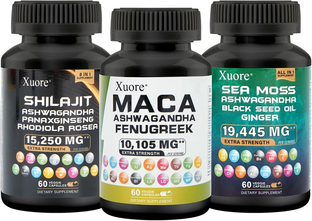 Bundle of Sea Moss,Shilajit, Maca, Black Seed Oil, Ashwagandha, Ginger, Shilajit, Rhodiola Rosea, Panax Ginseng, Maca Root, Fenugreek, Trifibranol100X,All in 1 Beilagen (1 Pack)