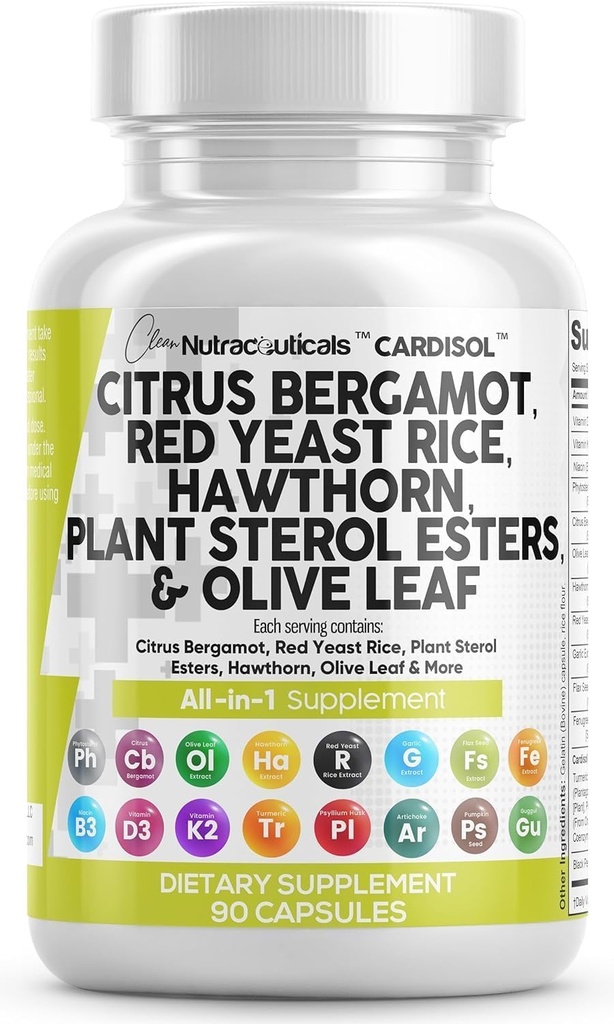Saubere Nutraceuticals Citrus Bergamotte Rote Hefe Reis Kapseln mit Pflanzen Sterolen - mit Hawthorn Extrakt Olivenöl Blatt Niacin Vitamin K3 D3 COQ10 Guggul &amp; Mehr