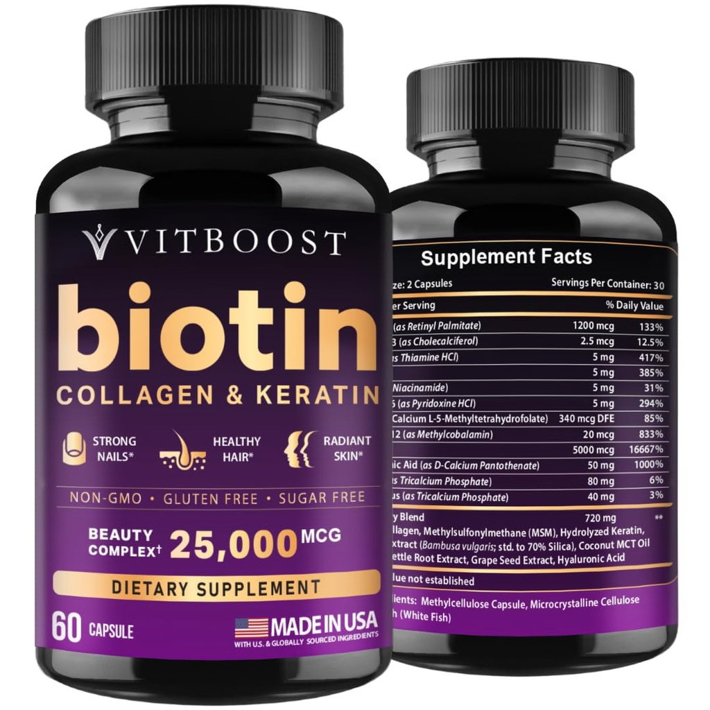 VITBOOST Biotin mit Hyaluronsäure, Kollagen und Keratin – 25000 mcg Haarwachstum Vitamine für Männer und Frauen – Nägel und Haut, USA Made - Third Party Tested, B1, B2, B3, B6, B7 Complex - 60 Kapseln