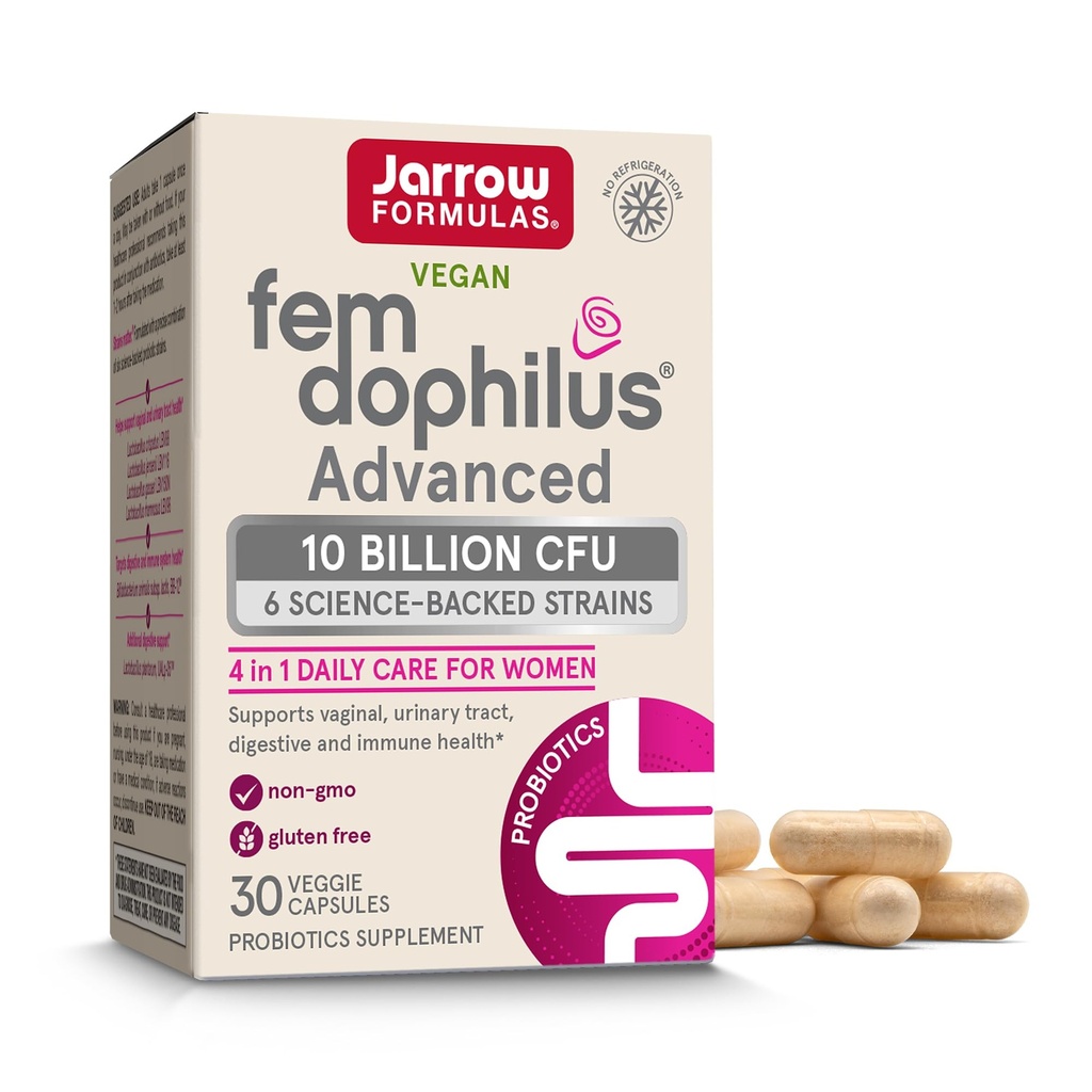 Jarrow Formeln Fem-Dophilus Advanced Vaginal & Verdauungs Probiotika 10 Milliarden CFU mit 6 Science Backed Stämme, für Vaginal, Harnweg, Verdauungs- & Immununterstützung, 30 Kapseln, Regal-stabil
