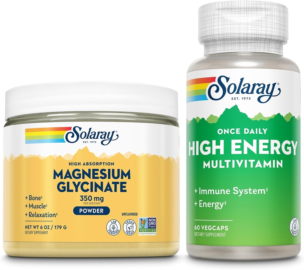 SOLARAY Magnesium Glycinat Pulver 350mg und High Energy Multivitamin Bundle - Chelat Magnesium und einmal täglich Multi - Knochen Gesundheit, Muskel, Herz und Immununterstützung, 60-Tage Garantie, 6oz/60ct