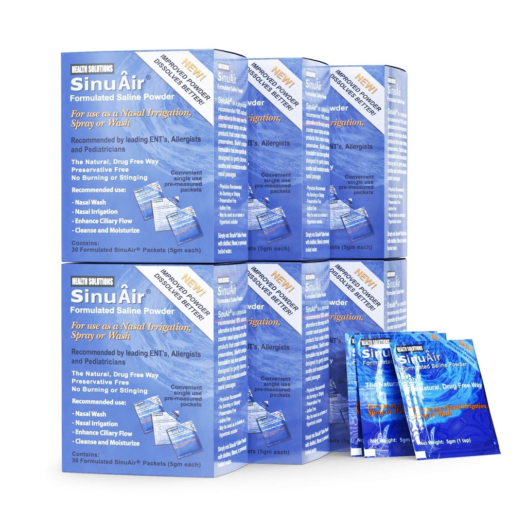 SinuAir Sinus Rinse Salt Solution - Salzpulver für SinuPulse System, Neti Pot Flush, Nasal Wash Squeeze Bottle, & Nose Bewässerung, Verbesserte Formulierung & Reinigung für Sinuses, 180 Packungen