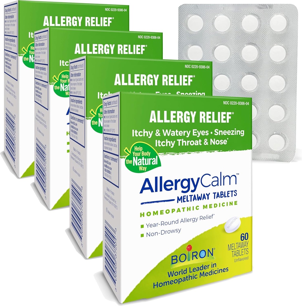 Boiron AllergyCalm Tablets 240 Count, Relief von Allergien und Hay Fever Symptome von Niesen, Runny Nose, Itchy Eyes, Throat, Allergy Calm Tabs (früher RhinAllergy) (Pack von 4 60ct Boxes)