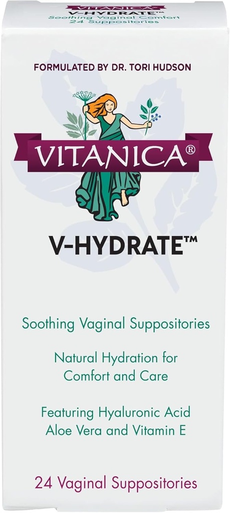 Vitanica V-Hydrat, Hyaluronsäure Vaginal Suppositorien für Komfort und Vaginale Hydration mit Aloe Vera und Vitamin E, Hormon-frei und Drug-Free, Vegan, 2 Monat Versorgung, 24 Zähler