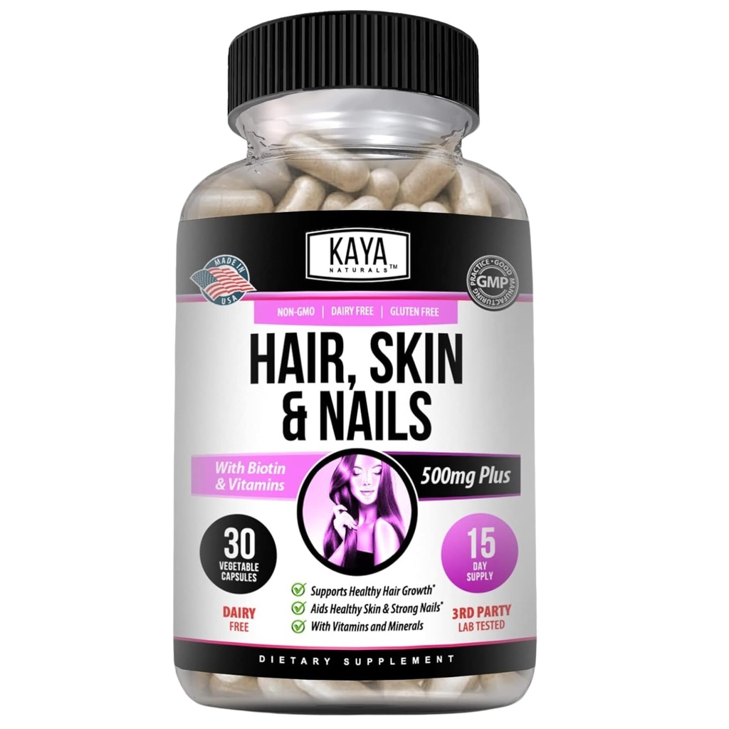 Kaya Naturals Hair Skin Nail Kapseln mit Biotin - Haar und Haut Vitamine, Vitamin D Vitamin B-12 A Folic Säure Unterstützung, Haar Unterstützung Vitamin Ergänzung für Haar Haut Nägel- 30 Zähler Kapseln