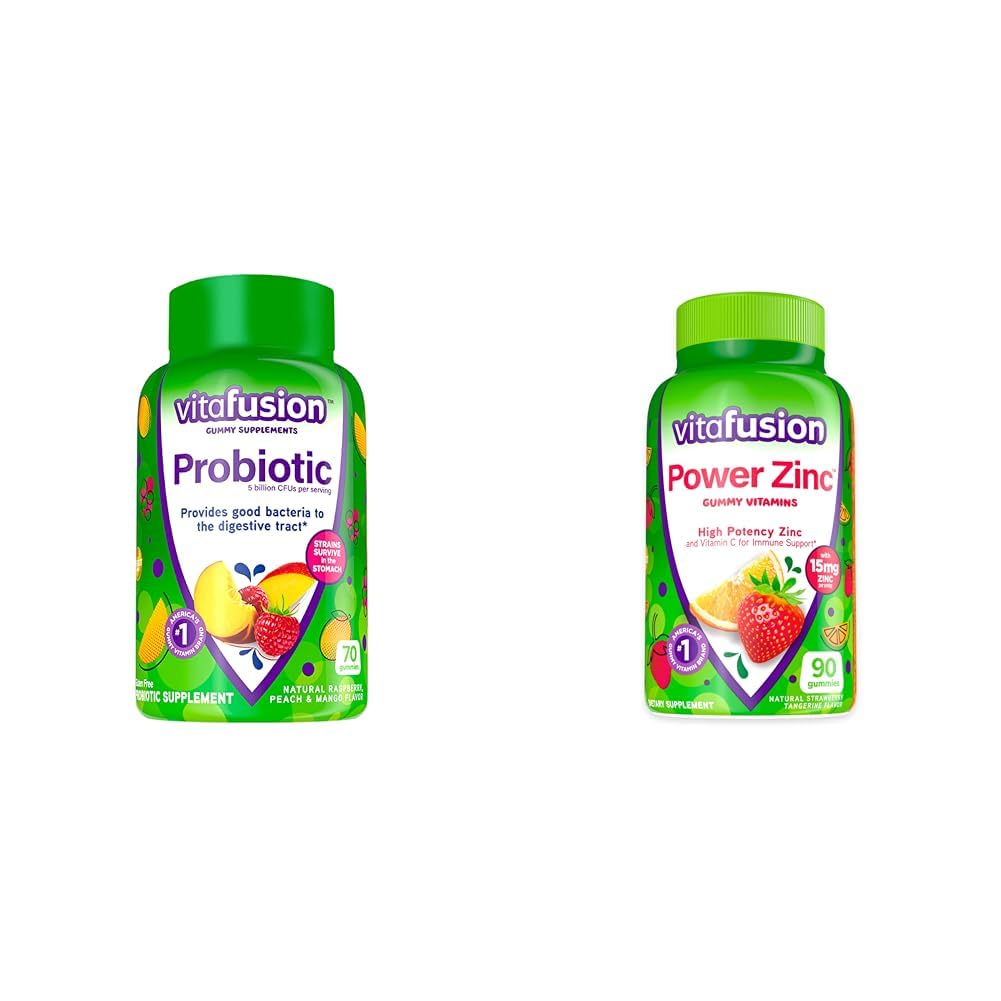 Vitafusion Probiotische Gummy Ergänzungen, Himbeere, Peach und Mango Flavors, 35 Tage Versorgung, 70 Count Power Zink Gummy Vitamine, Erdbeer Tangerine Flavored, 90 Count