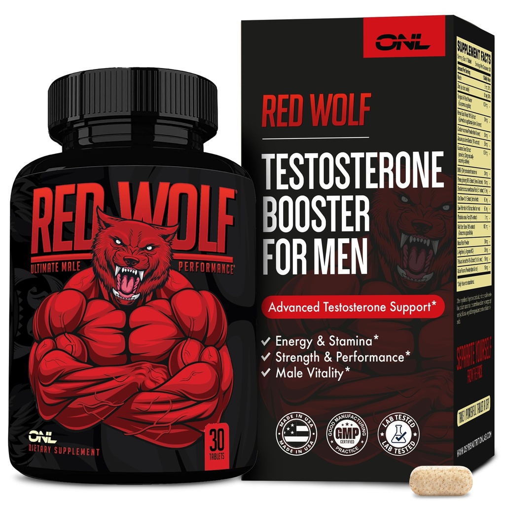 ONL Red Wolf Testosteron Booster für Männer - Ultimate Men's Supplement für hohe Potenz Ausdauer, Energie & Kraft - Testosteron Ergänzung für Männer - w/Tongkat Ali Male Enhancement - 30 Ct