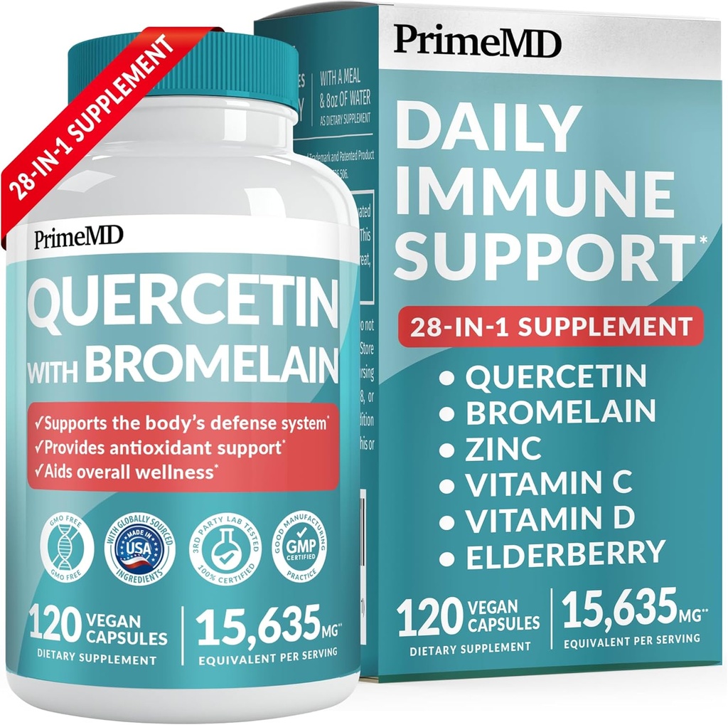 28-in-1 Quercetin mit Bromelain-Ergänzung für die tägliche Immunabwehrunterstützung - Quercetin mit Vitamin C und Zink für Erwachsene angereichert mit Vitamin D und Elderberry (120ct)