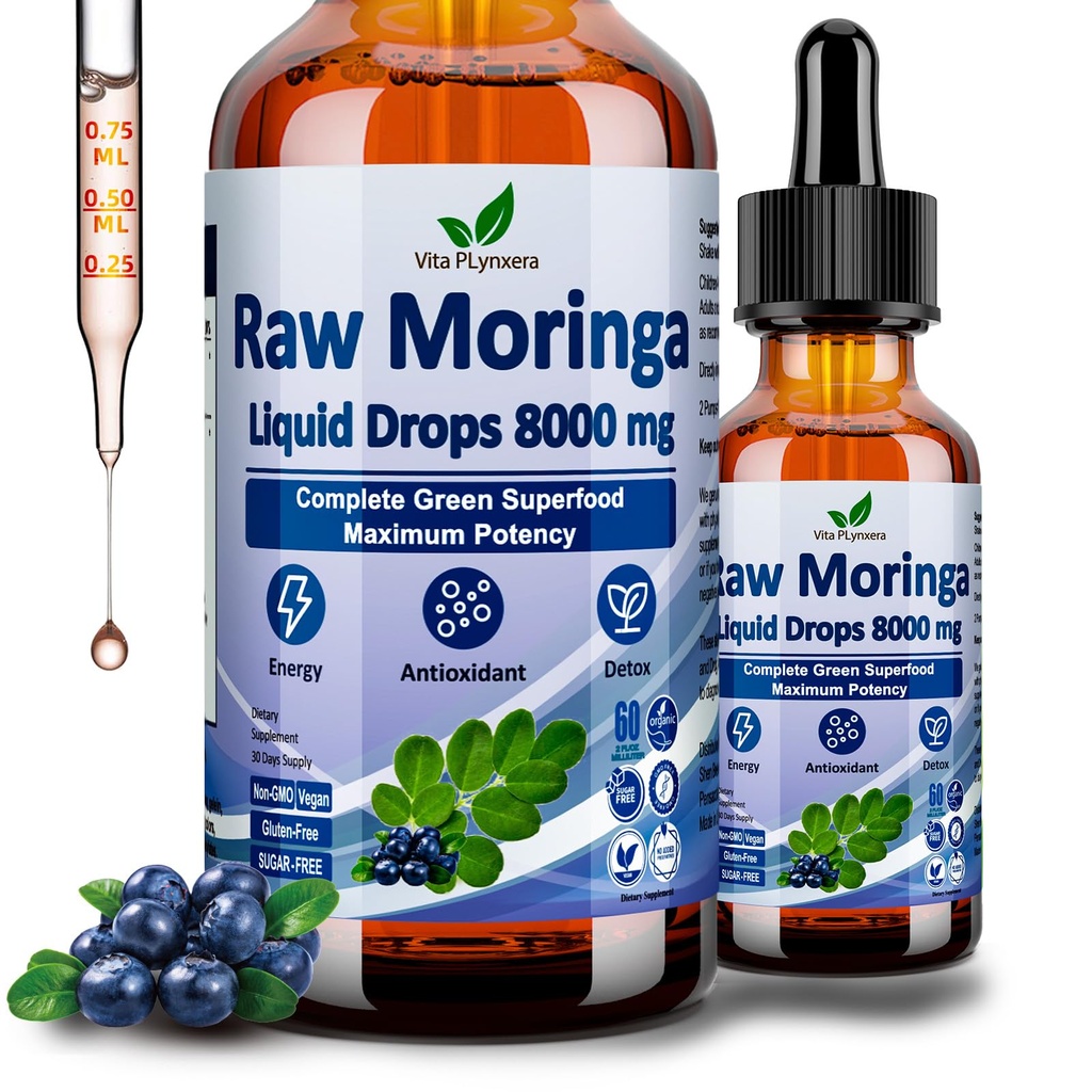 Raw Moringa Liquid Drops, 800mg Organic Moringa Oleifera Leaf Extract w. Supergreens Blend of Wheatgrass, Barley Grass for Antioxidant, Energy & Immune, High Potency Than Capsules Powder