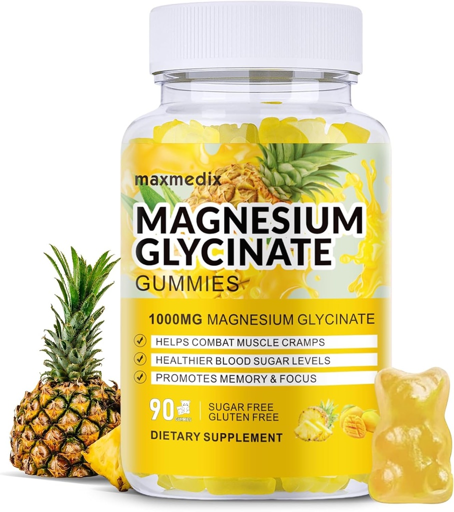 Magnesium Glycinate Gummie 1000mg, Sugar Free Magnesium Kalium Beilagen für Erwachsene mit L-Threonate für Schlaf, Körperunterstützung und Entspannung,90 Mango Ananasgummis