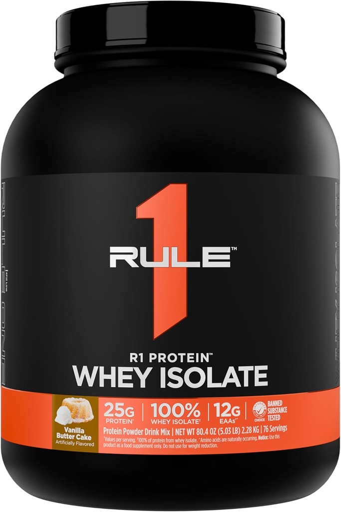 Regel 1 R1 Protein Whey Isolate - mit 25g Protein & 6g BCAA Exklusiv von isolierten & hydrolysierten Quellen für Workout Recovery (5 Pfund*, Vanilla Butter Cake)