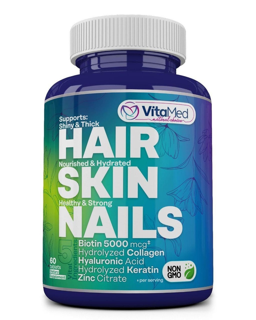 VitaMed Hair, Skin & Nails – Biotin 5000 mcg, Collagen, OptiMSM, Keratin, Hyaluronsäure & Silica | Unterstützt Haarwachstum, Radiant Skin, Strong Nails | Halal, Non-GMO, Gluten-Free – 60 Beauty Tablets