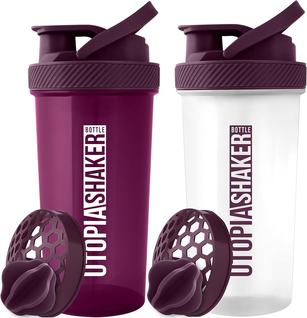 Utopia Home Protein Shaker Bottle - (Pack von 2) 28-Ounce Shaker Flaschen Für Proteinmischungen - Fitness Sports Classic Protein Mixer Shaker Bottle (Plum & Clear/Plum)