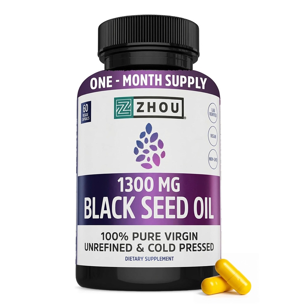 ZHOU Black Seed Oil Capsules - Black Cumin Seed Oil Cold Pressed, Nigella Sativa, Pure Unrefined Blackseed, Premium Supplement für Gesundheit, Haar & Haut w/Thymoquinone - 60 Kapseln (Pack von 1)
