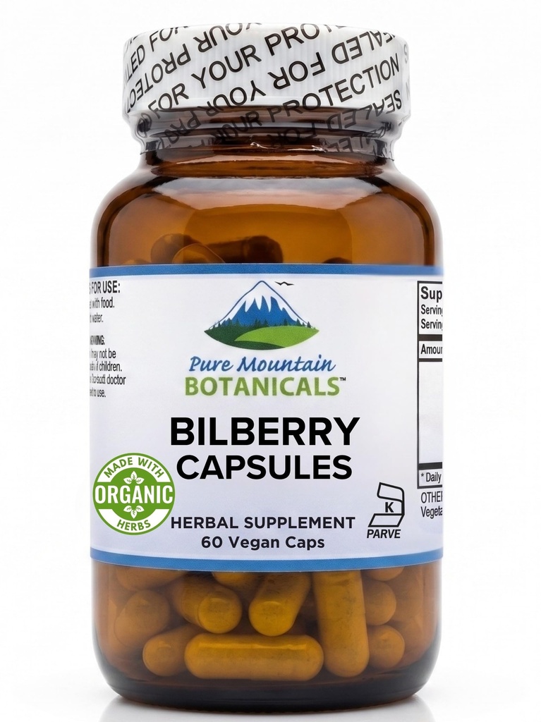 Pure Mountain Botanicals Bilberry Extrakt Ergänzung Vegan Kosher Kapseln mit 250mg Bio Bilberry Blatt & 50mg Potent Extrakt von Billberries