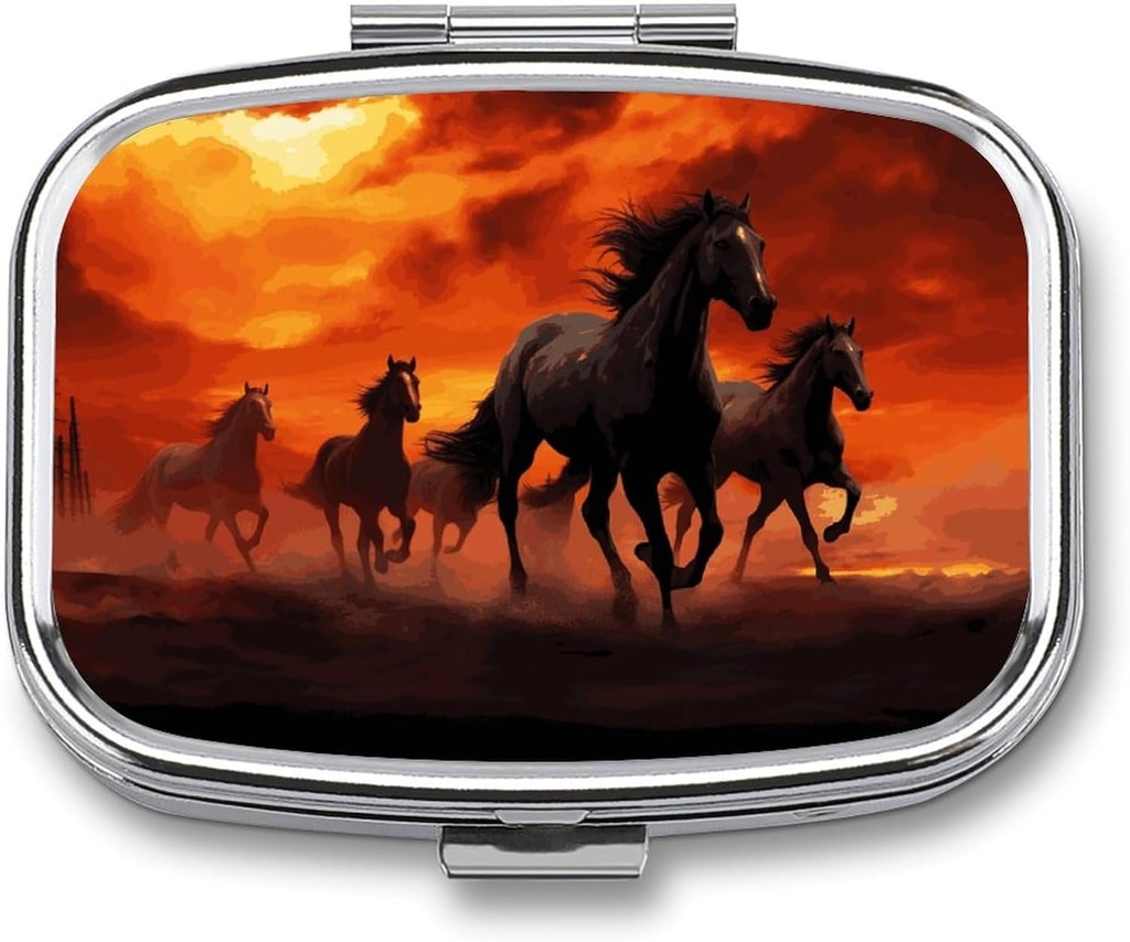 Pferde Red Glowing Clouds Square Pille Box, 2 Compartment Dekorative Pocket Pille Box für Tasche oder Geldbörse Portable Mini Travel Medicine Tablet Vitamin Holder Organizer Pille Case