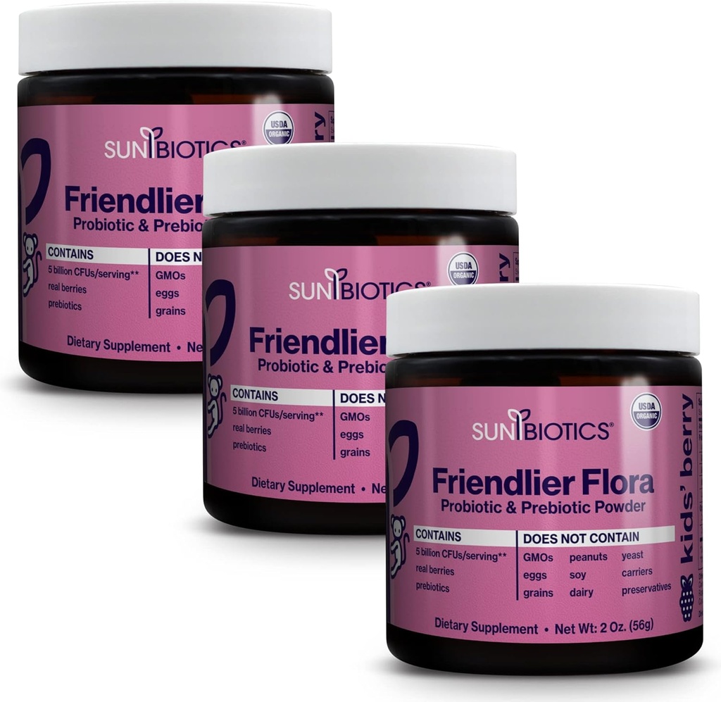 SUNBIOTICS Friendlier Flora - Kids Prebiotic und Probiotic Powder Supplement mit 5 Milliarden CFUs von 5 Probiotic Strains für Gut Flora, Immunsystem, & Balanced Microbiome - Berry, (Pack mit 3)