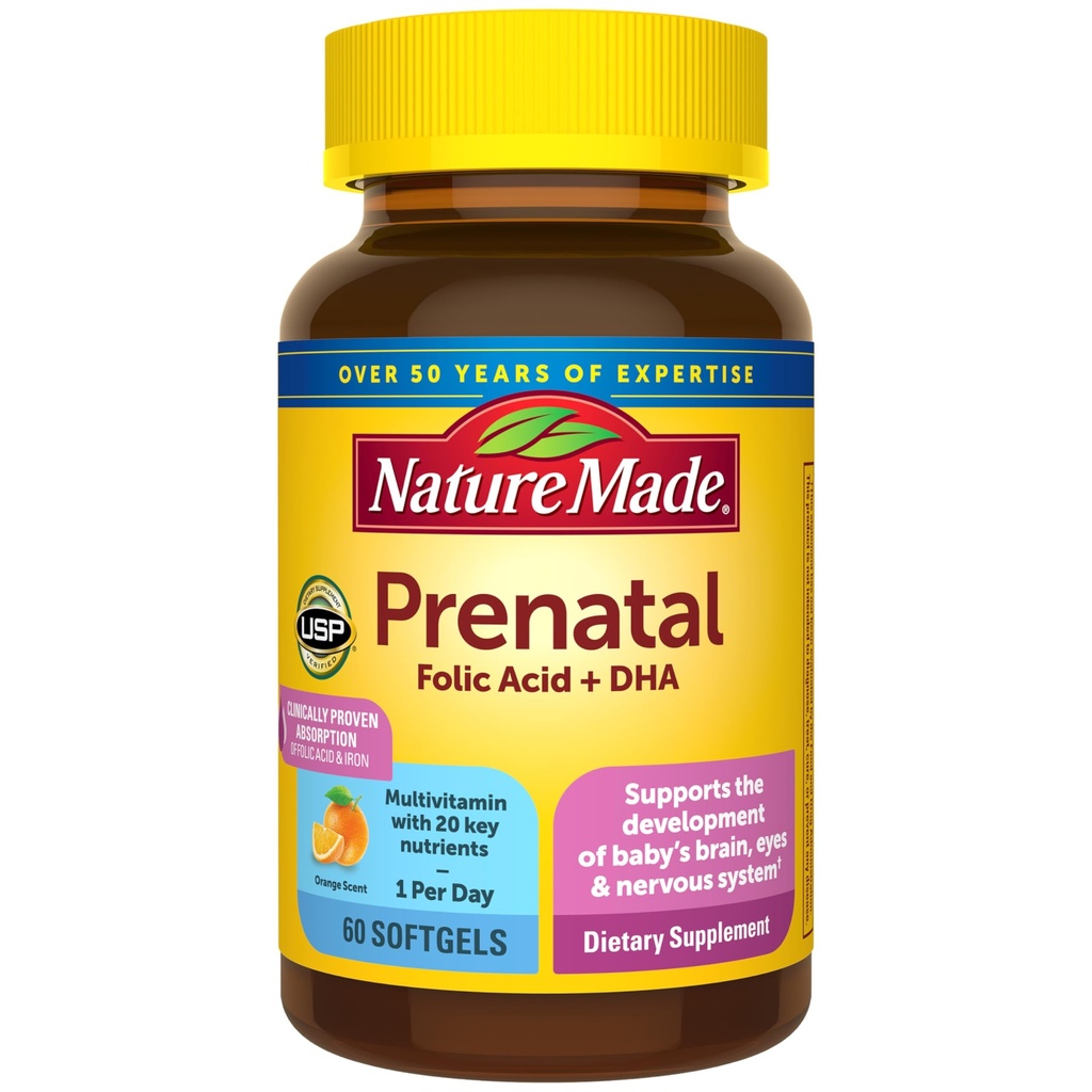 Natur pränatal mit Folsäure + DHA, Pränatales Vitamin und Mineralergänzung für tägliche Ernährungsunterstützung, 60 Softgel, 60 Tage Versorgung