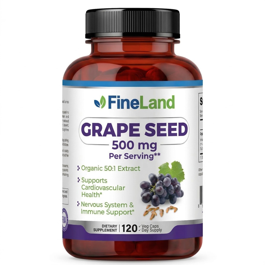 FineLand Grape Seed Extract 50:1 – 25.000mg Äquivalent pro Kapsel – 120 Vegan Kapseln – Reich an Antioxidantien | Herz, Immun- und Zirkulationsunterstützung – Non-GMO | Made in USA