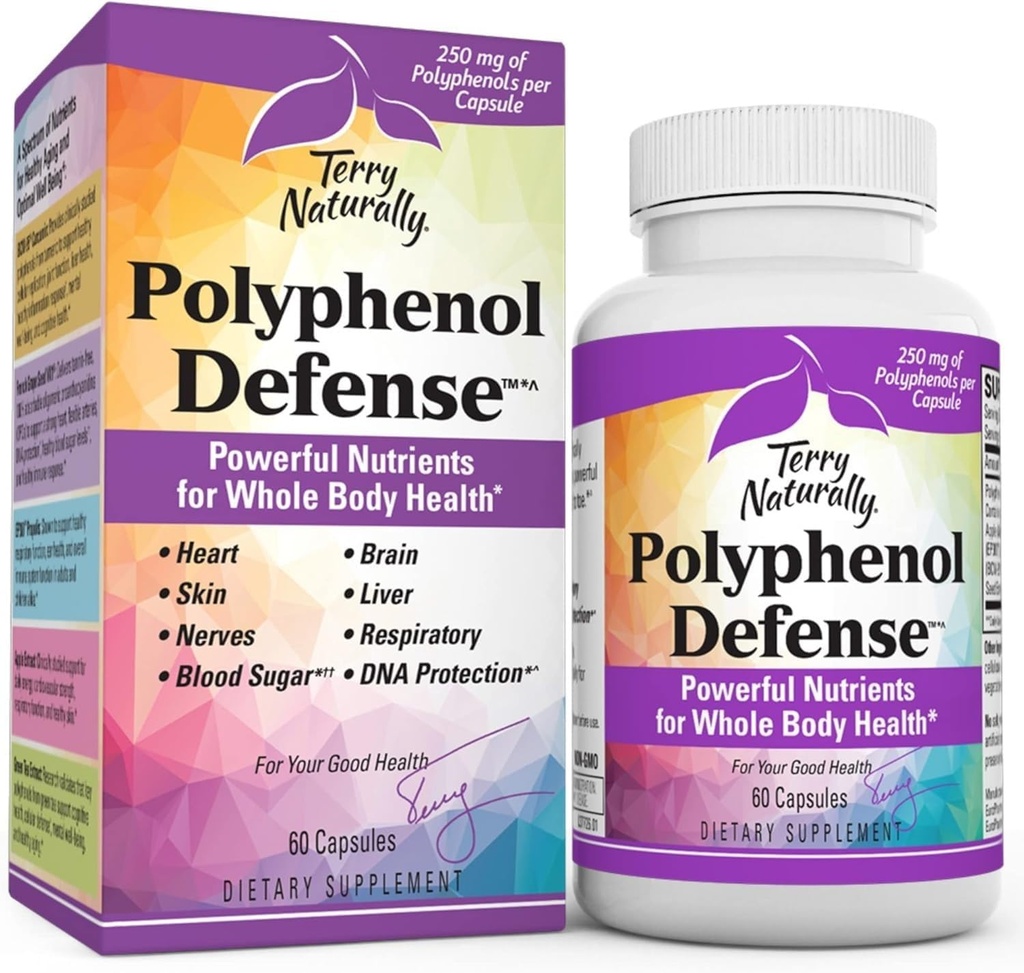 Terry Naturally Polyphenol Defense - Ergänzung zur Unterstützung von Gehirn, Leber und Nerve Gesundheit - Antioxidante Polyphenol-Mischung zur Unterstützung von Atmungs- und Hautgesundheit - Ganze Körpergesundheitsunterstützung - 60 Kapseln