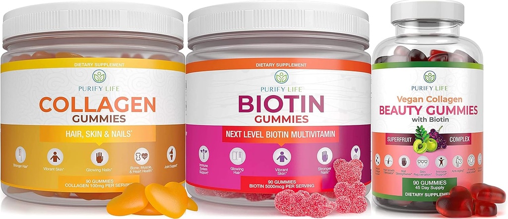 Purify Life Marine Collagen, Biotin, & Vegan Collagen Bundle, Gummie für Haar Haut und Nägel (Bulk - 90 Chews), Joint Care Vitamin, Immununterstützung, Schönheit, Detox & Cleanse, Ersetzen Kapseln, Pillen