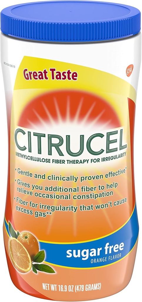 Citrucel Sugar Free Orange Flavor Methylcellulose Fiber Therapy Powder for Regularity, 16.9 Unze, Pack of 4