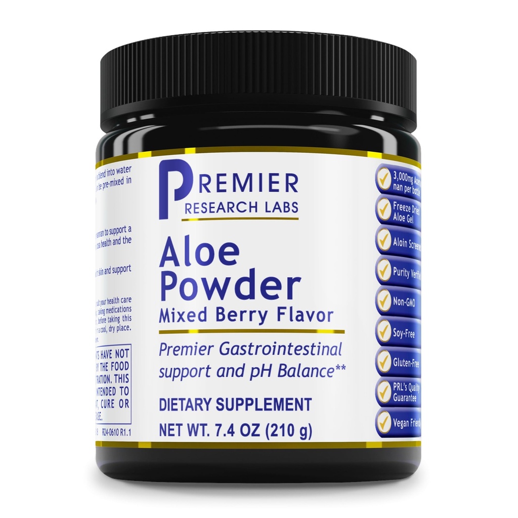Premier Research Labs Aloe Powder - Aloe Vera Powder, Aloe Vera Drink Mix für Haut und Verdauung, Pulver Aloe Barbadensis Blattextrakt mit Acemannan, Freeze Dried - Mischbeere, 7.4 Oz (30 Servierungen)