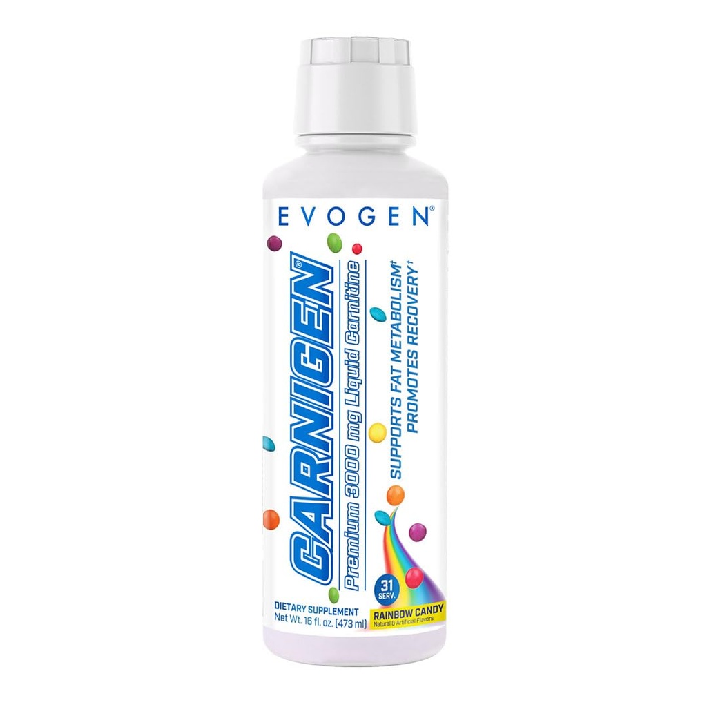 Evogen Carnigen Premium L Carnitine Liquid – L Carnitine 3000 Ergänzung | L Carnitine Ergänzung für Fett Metabolismus & Erholung | Acetyl L-Carnitin | Caffeine Free | Rainbow Candy | 31 Servierungen