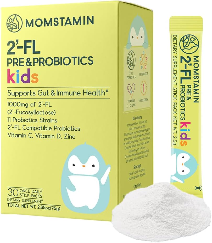 MOMSTAMIN 2'-FL Pre & Probiotics for Kids(4+) : Gut Health | Immununterstützung | Verdauungsergänzung Enhance Kognitive Fähigkeit & Schlafqualität Vitamin C, D Zink/Yogurt Flavored 30 Sticks - täglich