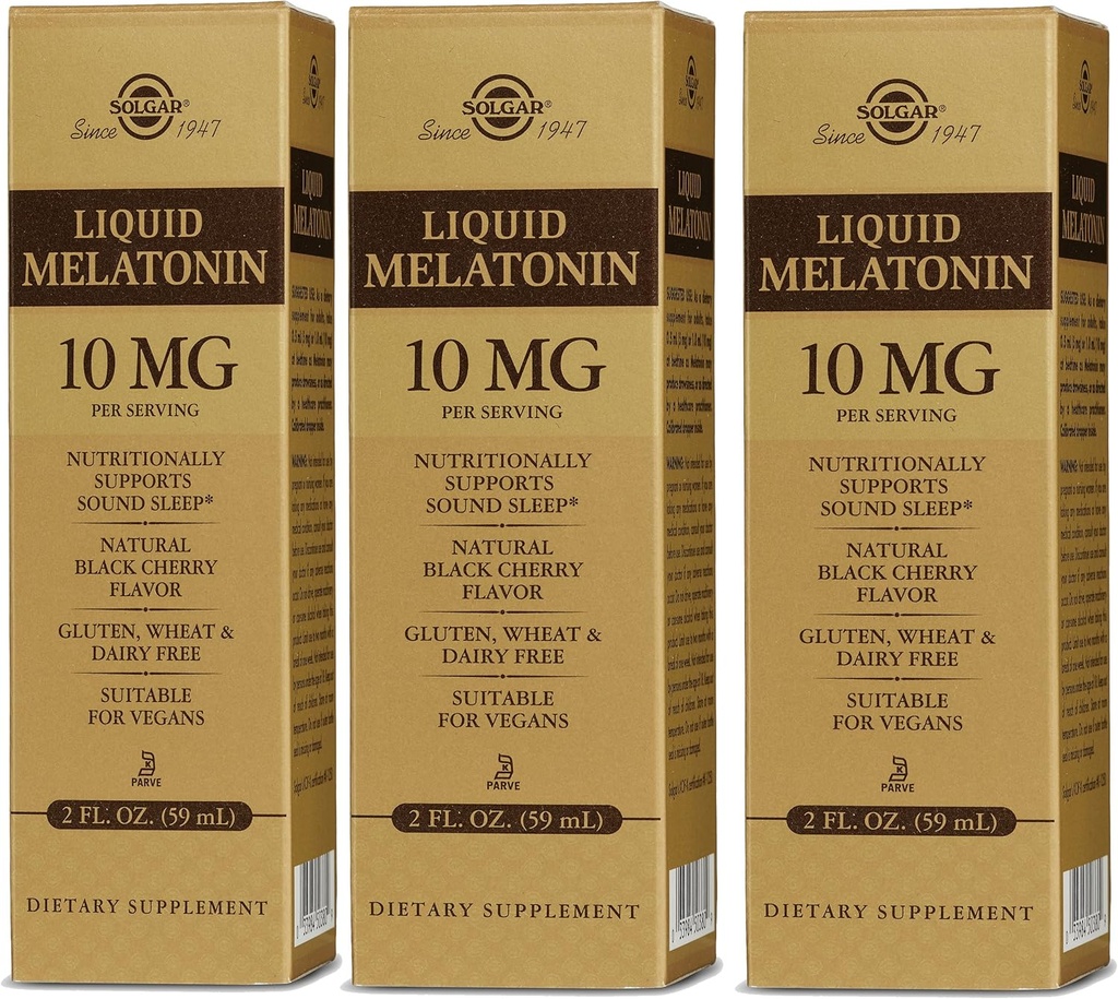 Solgar Liquid Melatonin 10 mg, Natural Black Cherry Flavor - 2 fl oz, Pack of 3 - Toll für Jet Lag - Vegan, Glutenfrei - 177 Total Servings