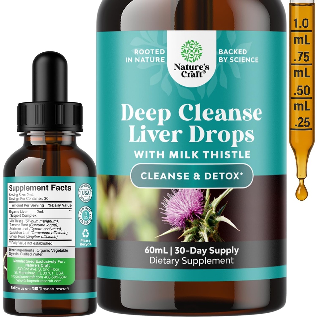 Deep Liver Cleanse, Detox & Repair with Milk Thistle Liquid Drops - Liver Detox Liquid Artichoke Extract mit Dandelion Leaf, Ginger & Turmeric Curcumin für Immunität & Daily Cleanse - 2Fl OZ
