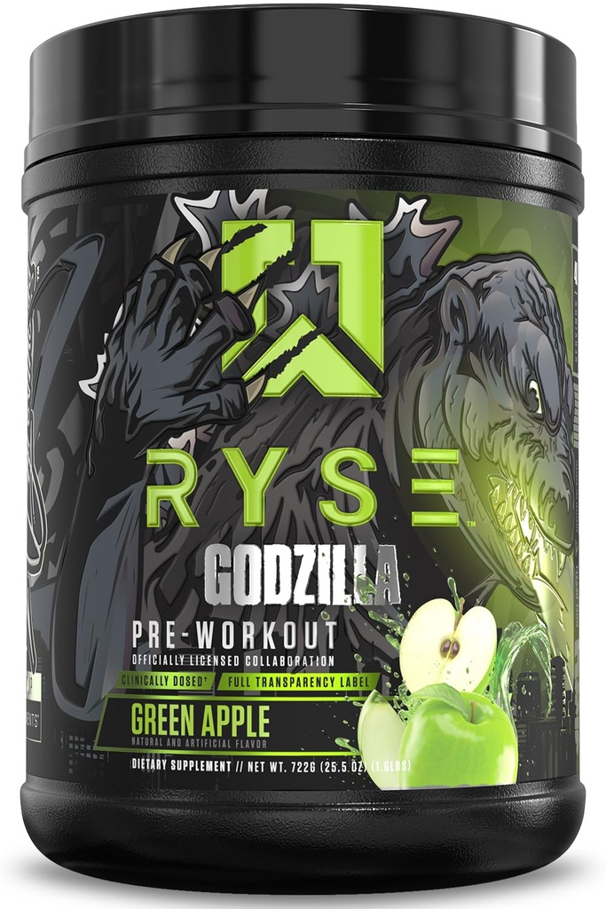 RYSE Godzilla X Noel Deyzel Pre Workout Powder - Green Apple - 400mg Koffein, High Stim Pre-Workout für Männer & Frauen mit Citrulline & Beta Alanine - Energie, Pumpe & Fokus - 20/40 Servierungen