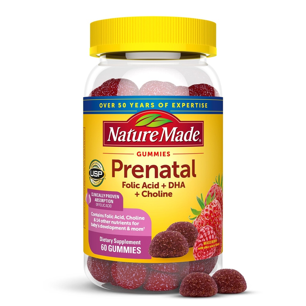 Naturgemachte pränatale Gummie mit DHA und Folsäure, Pränatales Vitamin und Mineralergänzung für tägliche Ernährungsunterstützung, 60 Gummie, 30 Tage Versorgung