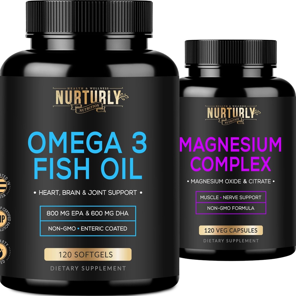 Magnesium Complex und Omega 3 Fischöl - Magnesium Citrate 500MG – Fischöl 2000mg, 800mg EPA und 600mg DHA - Muskelentspannung, Schlaf und Energie, Knochengesundheit, Gehirn und Herz