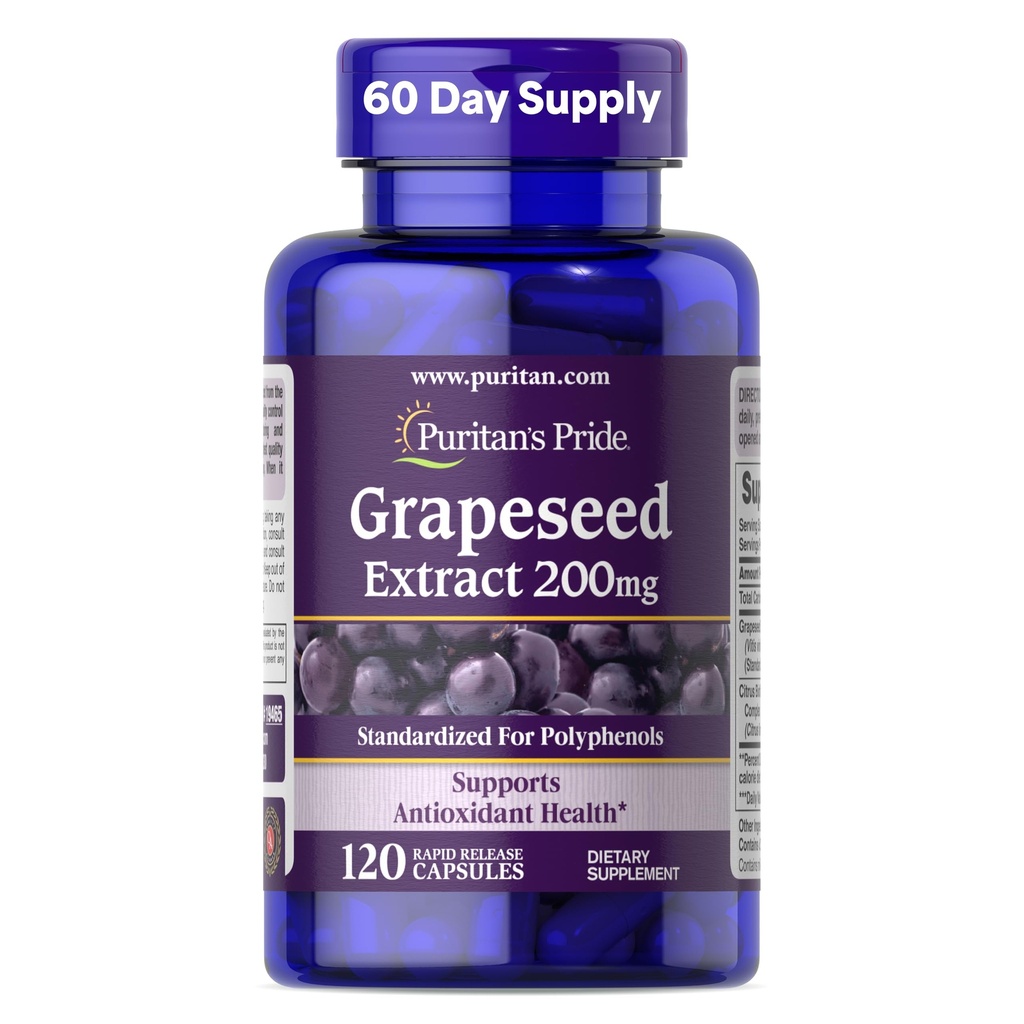 Puritan's Pride Grapeseed Extract 200mg, Nahrungsergänzung für Antioxidantien und Herzgesundheitsunterstützung, 2 Monate Versorgung, 120 Schnellfreigabekapseln