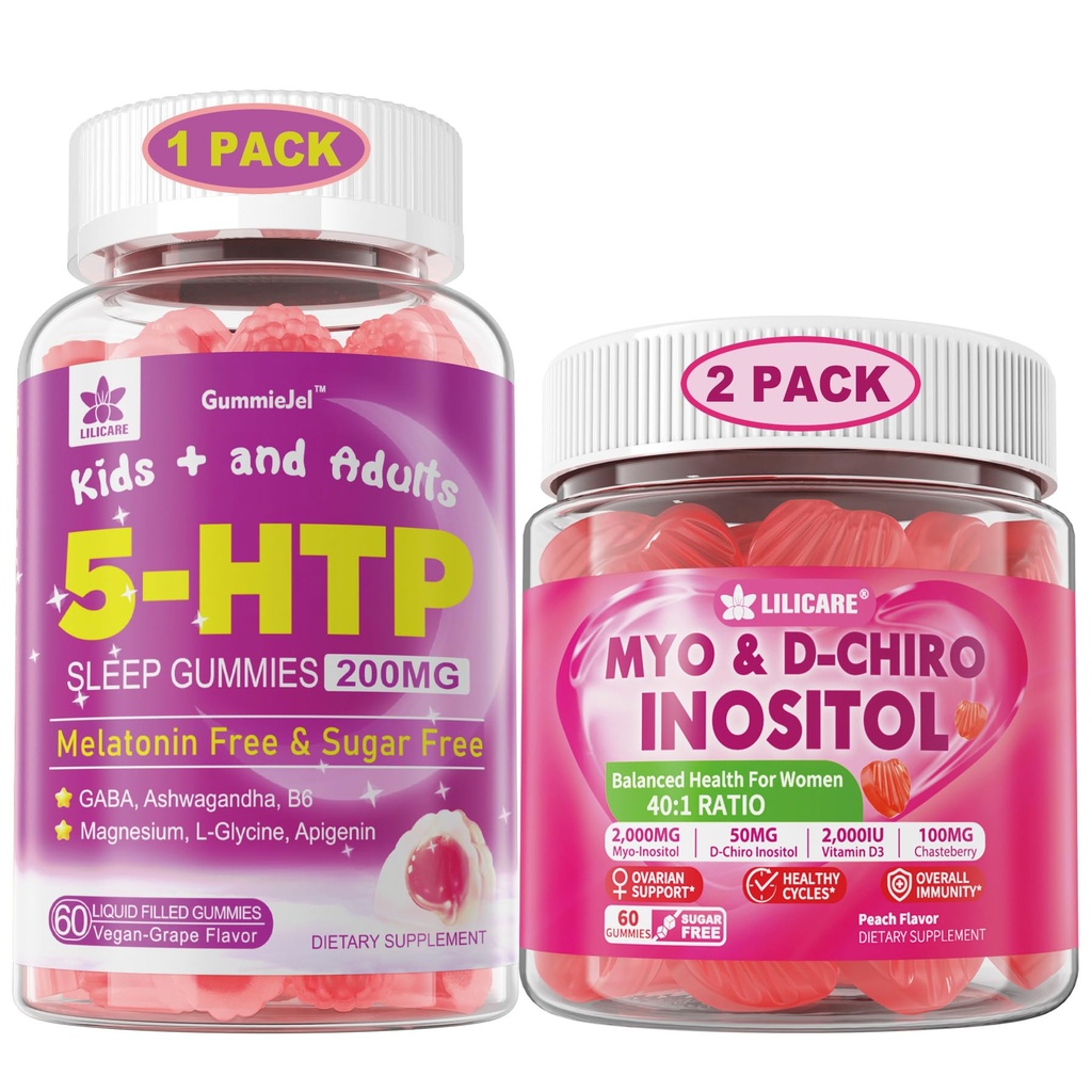 LILICARE Bundle: 5HTP Gummie mit Magnesium Glycinat - Melatonin freie Schlafgummis für Erwachsene & Kinder 8+ & Inositol Gummi Ideal 40:1 Ratio Myo & D-Chiro Inositol Supplement