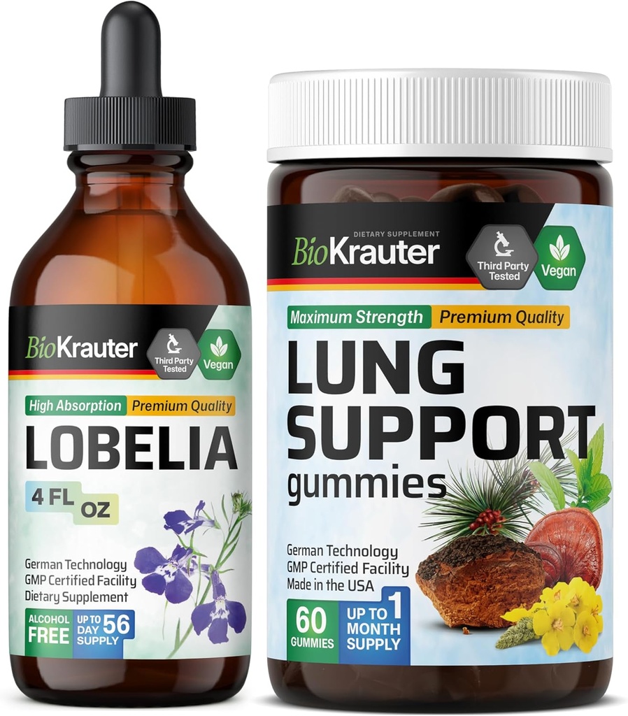 BIO KRAUTER Lobelia Tinktur 4 Fl. Oz. & Lung Detox 60 Gummis