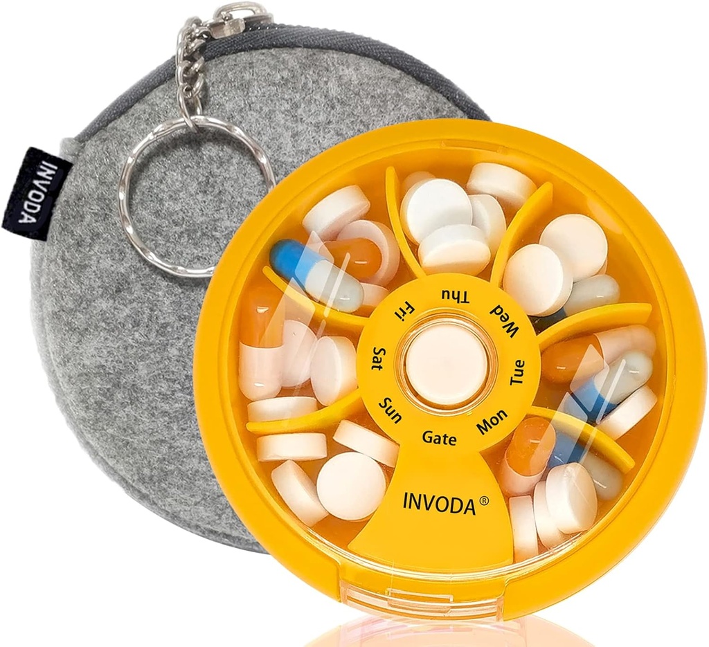 INVODA Wöchentliche Pille Organizer 7 Kompartment rotierende Pille Box für tägliche Medikamente & Vitamine - Tragbare Reise Pille Fall Fischöl ergänzt Vitamine Organizer (Orange+Bag)