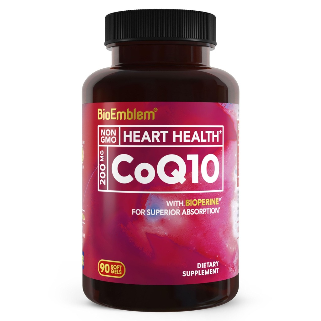 BioEmblem CoQ10 mit BioPerine - 200mg Softgels, hohe Absorption - Coenzym Q10 Antioxidans für Energieproduktion, Herzgesundheit - Natürliche Form, Non-GMO CoQ10 Supplement - 90 Count