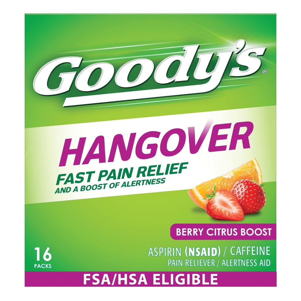 Goody's Hangover Relief Powder, Dual Action Schnelle Kopfschmerzen Schmerzen Relief mit Aspirin und Koffein, Berry Citrus Flavor, 16 Count