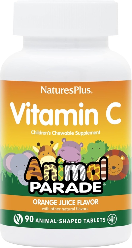 NaturesPlus Tier Parade Vitamin C Kinder Chewable - Natürliche Orangensaft Flavor - 90 tierfreundliche Tabletten, Packung mit 4 - Vegan, Vegetarisch, Glutenfrei - 180 Gesamt Servierungen