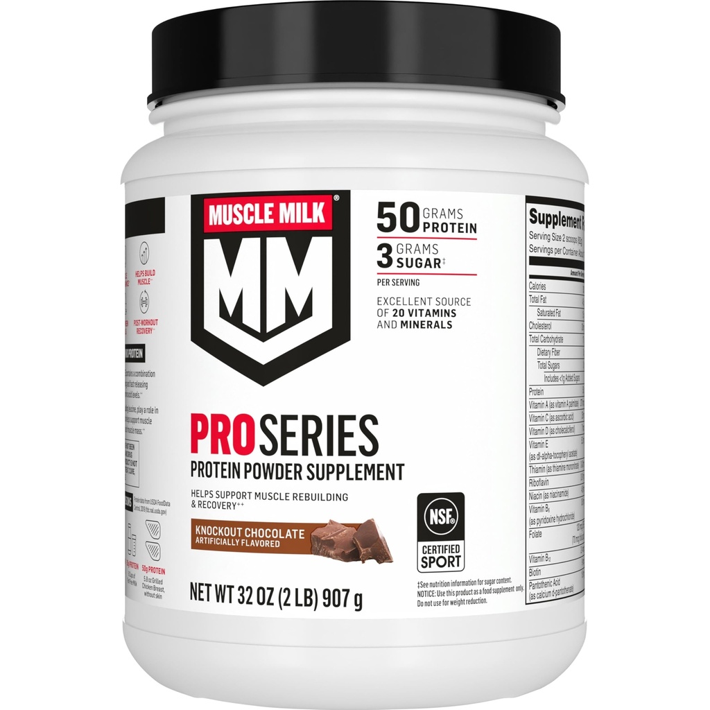 Muscle Milk Pro Series Protein-Pulver-Ergänzung,Knockout-Schokolade,2 Pfund,11 Servierungen,50g Protein,3g Zucker,20 Vitamine & Minerals,NSF zertifiziert für Sport,Workout-Recovery,Packaging Mai Vary