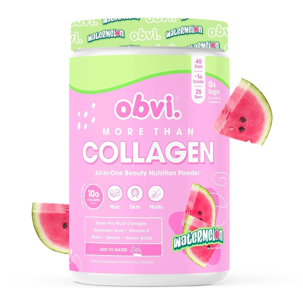 Obvi Mehr als Collagen Powder | Unterstützt gesundes Haar, Haut, Nägel, Gelenke, Gut | Grass-Fed Multi Collagen Supplement mit Hyaluronsäure, Biotin, Keratin | Watermelon, 25 Portionen