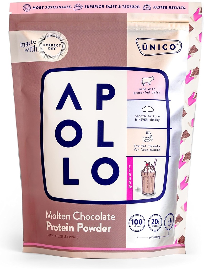 Unico Apollo Molten Schokoladenprotein Pulver - 20g 100% Gras-Fed Whey Protein, Eieralbumen und Casein | Non-Bloating | Low-Carb und Low-Fat | 16 Servietten | Non-Chalky Texture | Best-Taste