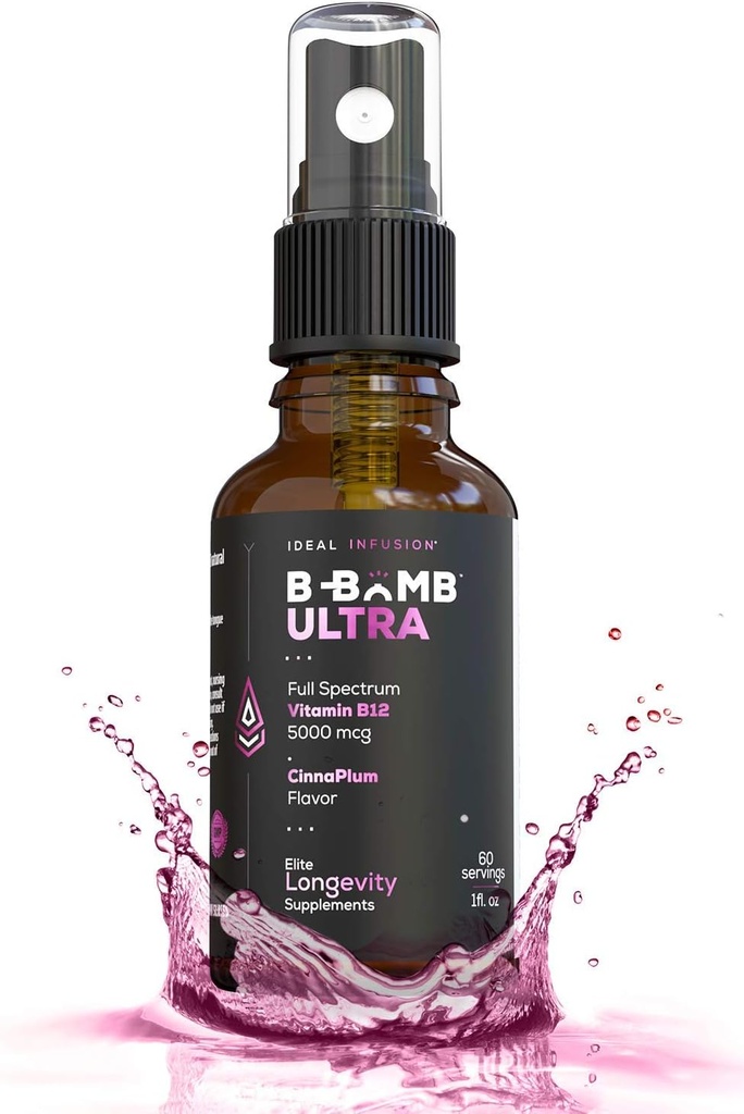 Ideale Infusion B-Bomb Triple B12 Vitamin Liquid Spray: Methylcobalamin, Adenosylcobalamin, Hydroxocobalamin - Nerve Health and Energy Booster- 5000 mcg, Keto, Sugar Free (Organic CinnaPlum)