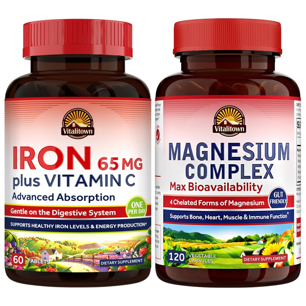 Vitalitown Magnesium Complex Supplement 500mg & 65mg Eisen Ergänzung für Frauen Männer, für Schlaf, Muskel, Blut Gebäude & Energie Verbesserung