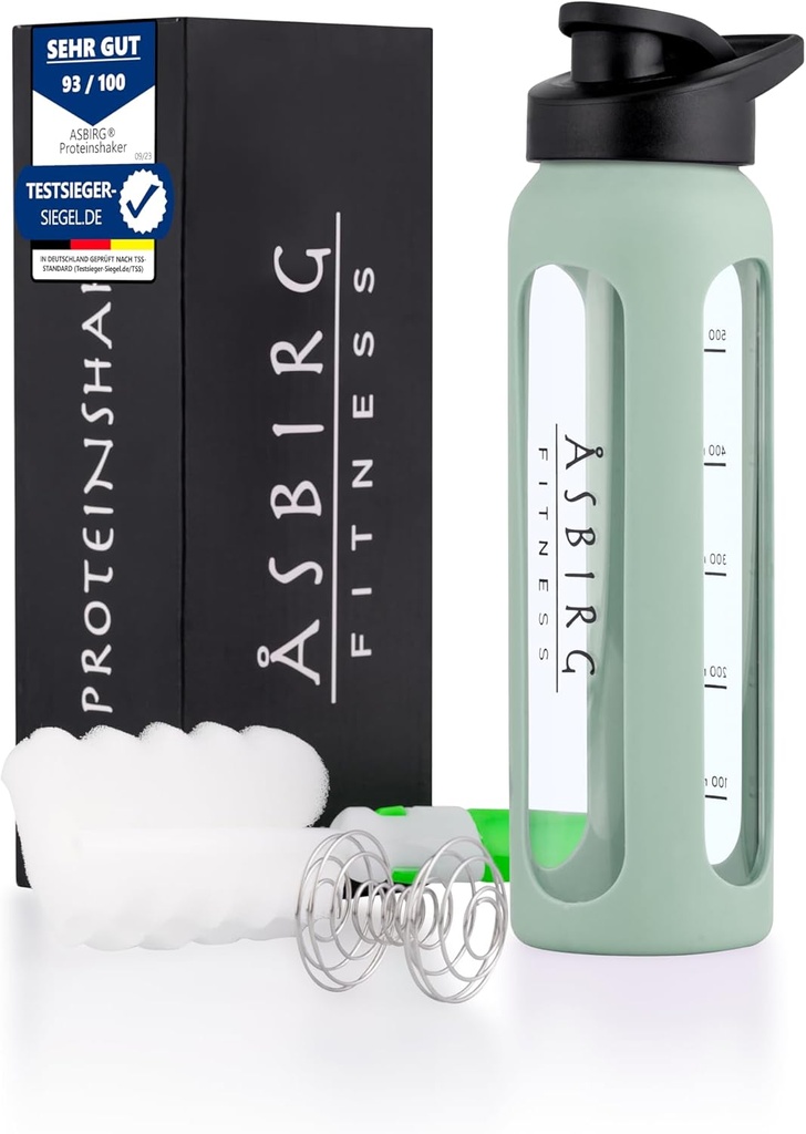 Fitness | 24 oz Glass Protein Shaker Bottle – BPA-Free, Leakproof Lid, Stainless Steel Mixing Ball & Silicone Sleeve – Gym Shaker for Smoothies, Shakes & Pre-Workout – Pastel Green
