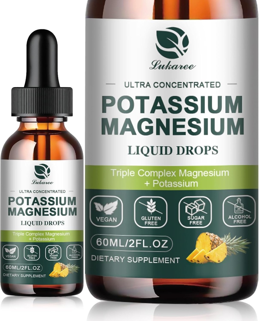 Kalium Magnesium Supplement Flüssigkeit w/Triple Complex Magnesium Glycinate & Kalium Plus Omega 3, Sea Moss, Black Seed, D3K2 & Calcium für Zzz, Leg Cramps & Muskel-4 FL OZ Drop